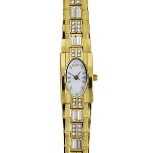 Elgin Ladies Bangle Gold Plated Crystal Bezel Wrist Watch Quartz MOP White Dial